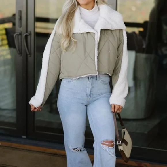 Darcy Quilted Sherpa Jacket-Olive - Picture 2 of 6